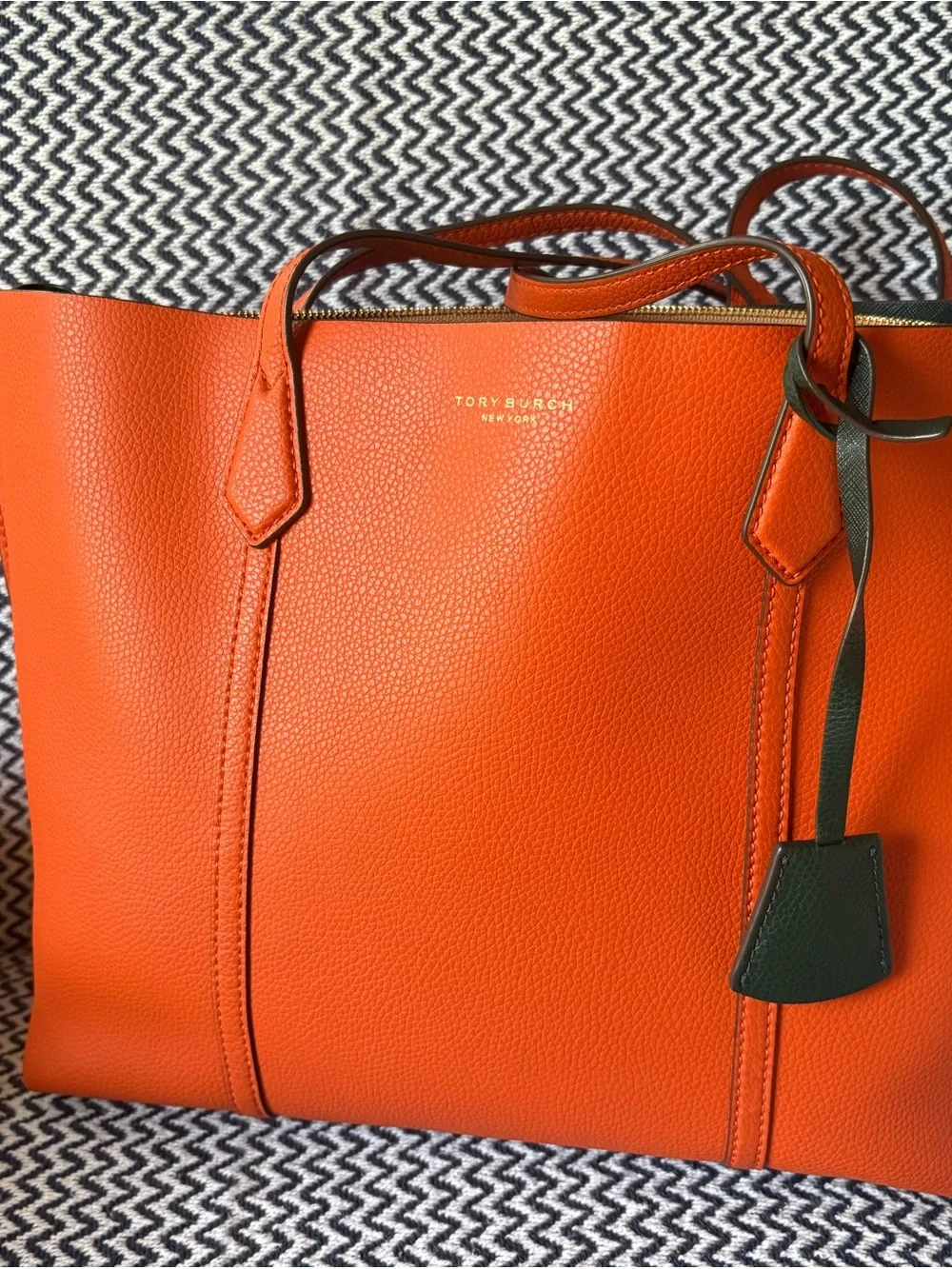 Tory Burch Orange Leather Tote with Green Tag and Gold Logo